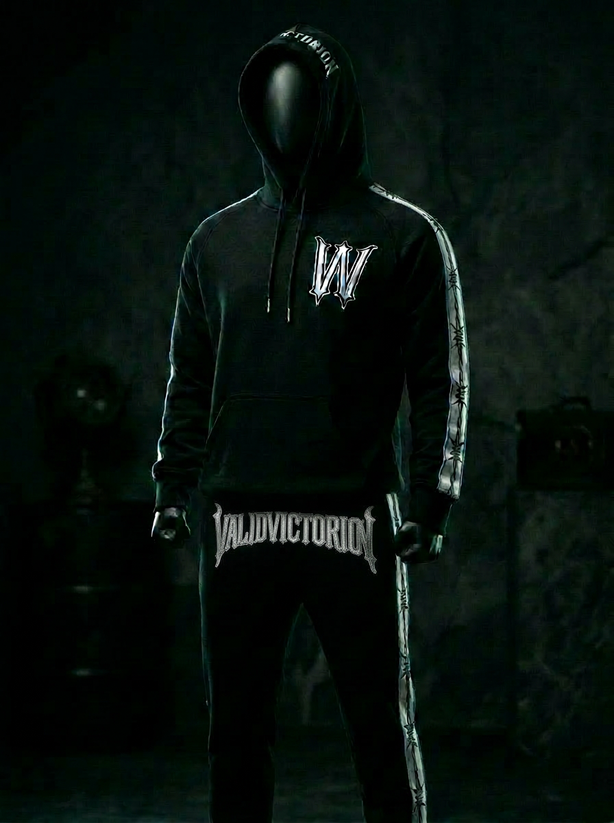 Hooded tracksuit front view with barbed wire stripes