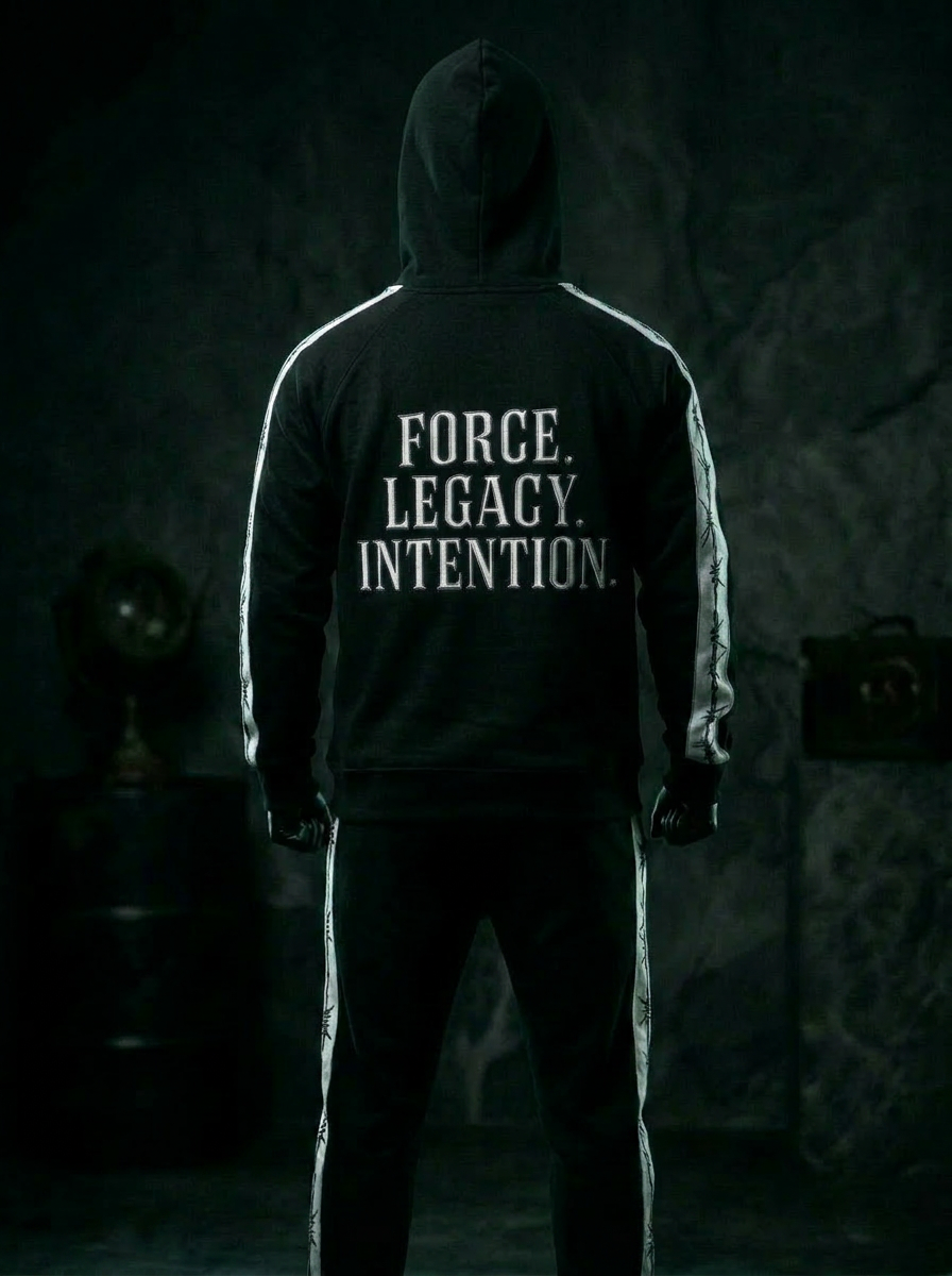 Hooded tracksuit front view with barbed wire stripes — back view